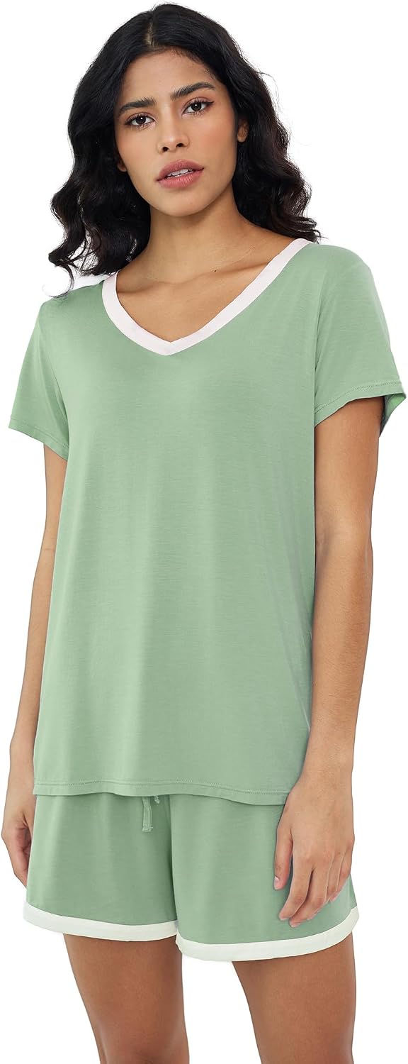 Joyaria Women's Cooling Bamboo Viscose Pajamas Set Short Sleeve V neck | Moisture Wicking, Stay Cool, Lightweight Feel, Pjs for Hot Sleepers